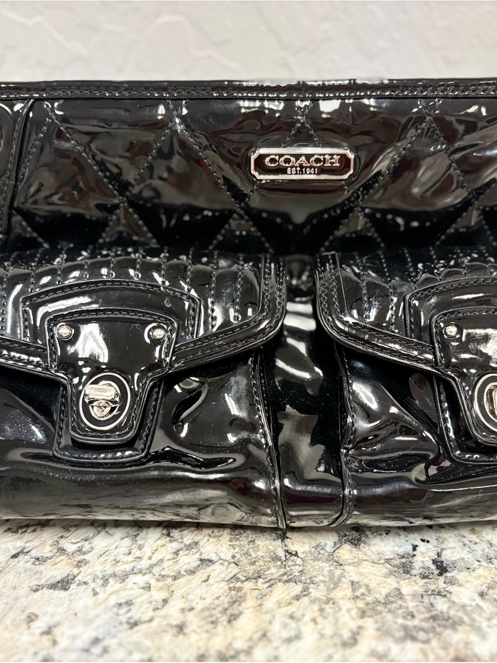 COACH Black Patent Quilted Shoulder Bag with Front Pockets